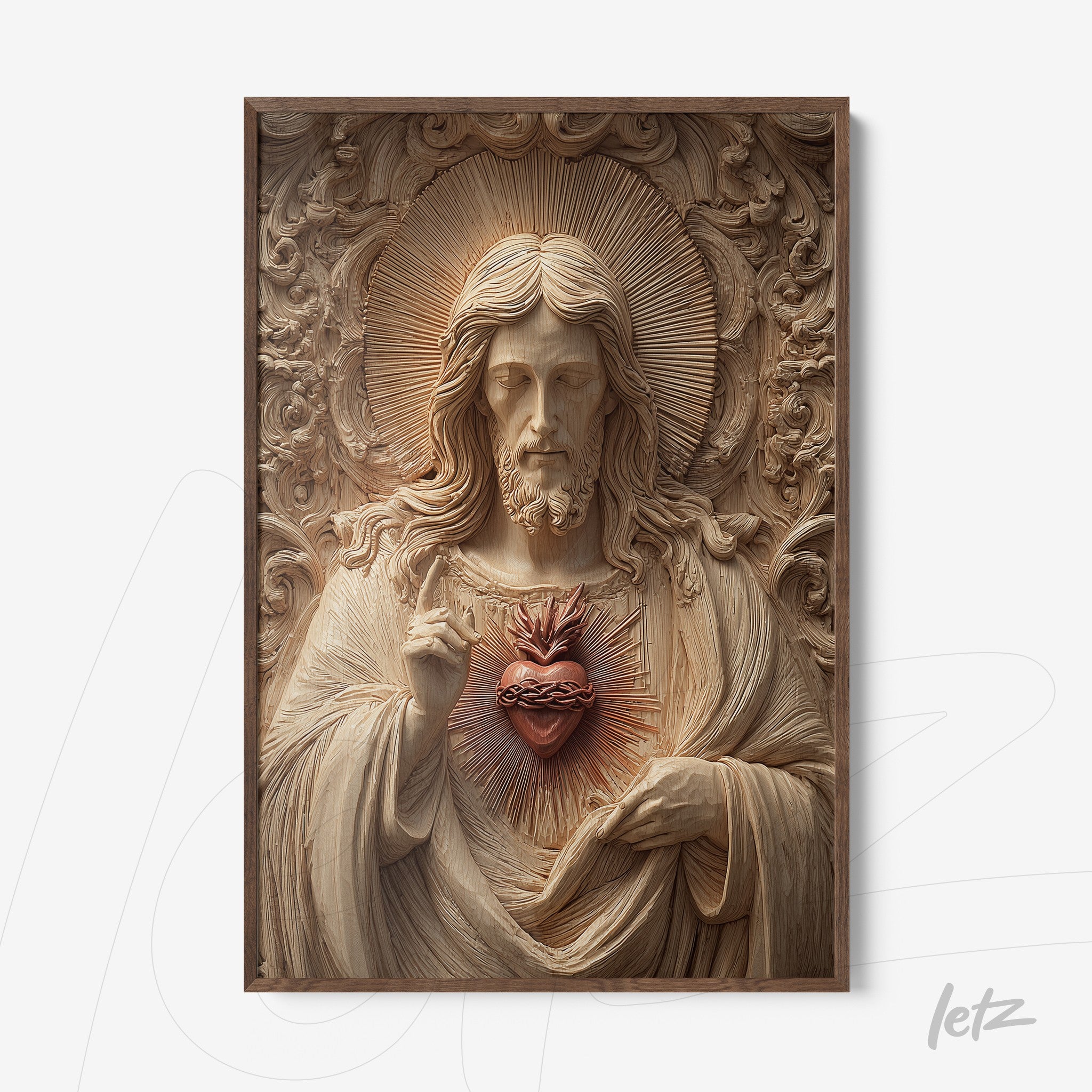 quadro em estilo religioso com escultura de Cristo e coração sagrado em moldura marrom escura