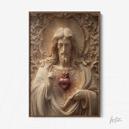 quadro em estilo religioso com escultura de Cristo e coração sagrado em moldura marrom escura