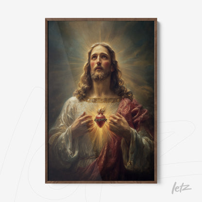 quadro com arte religiosa de Jesus com o coração exposto em moldura de madeira escura