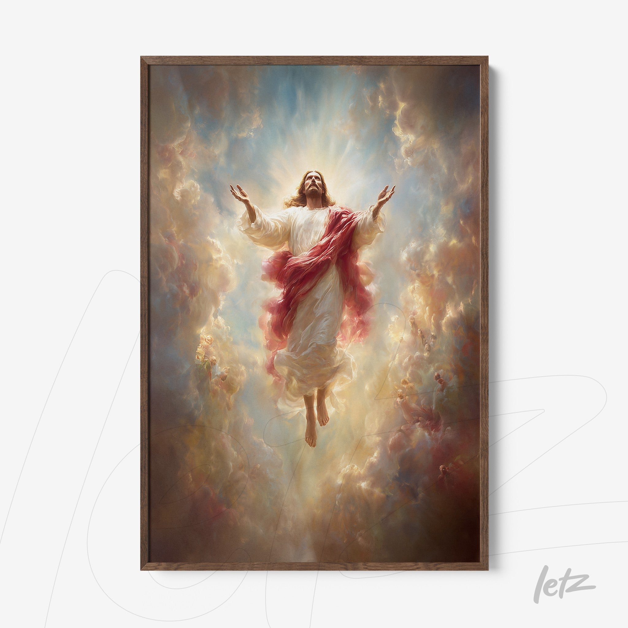quadro com arte religiosa de Jesus Cristo ascendendo entre nuvens coloridas em moldura marrom