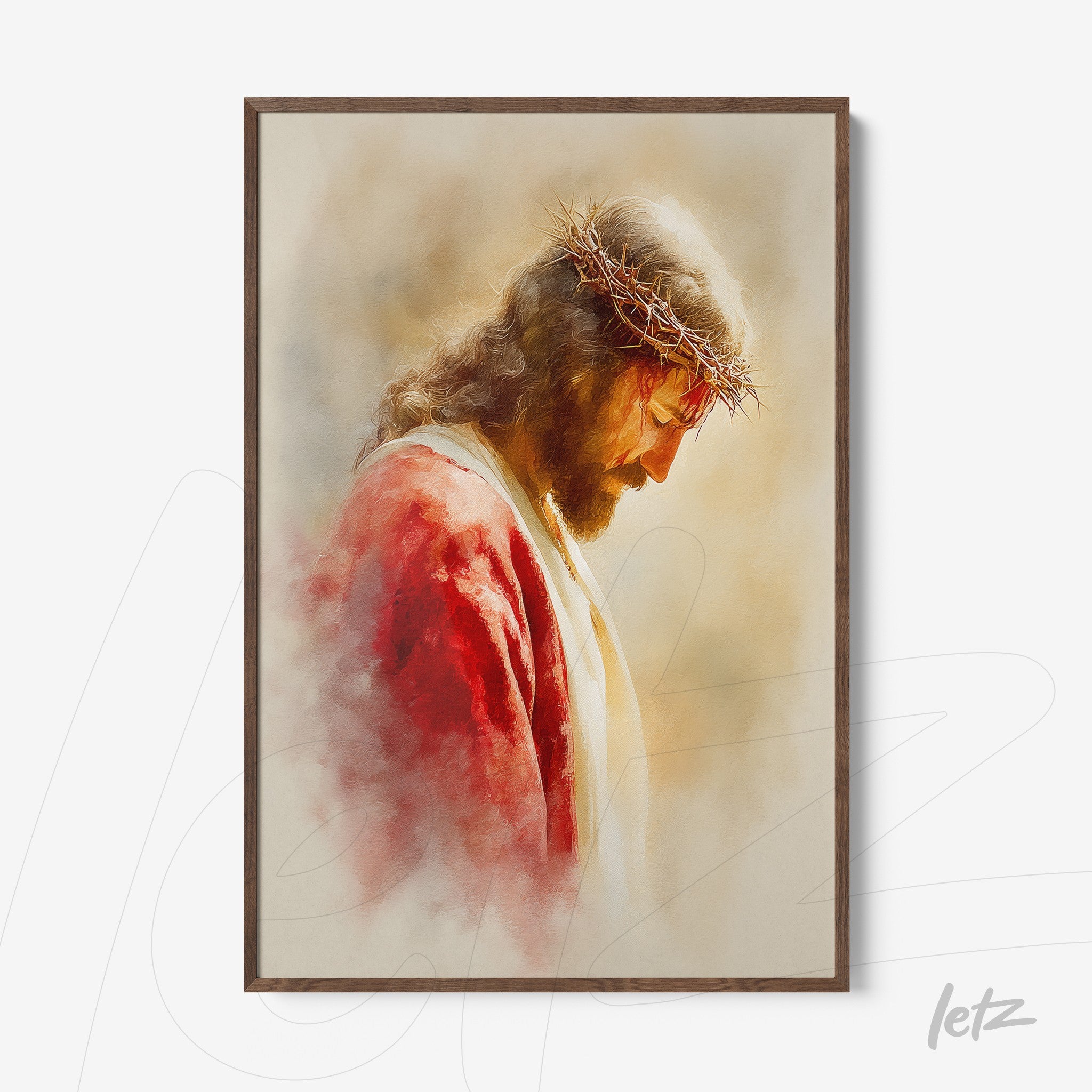 quadro com retrato de Jesus Cristo em estilo artístico sob luz suave, moldura de madeira clara