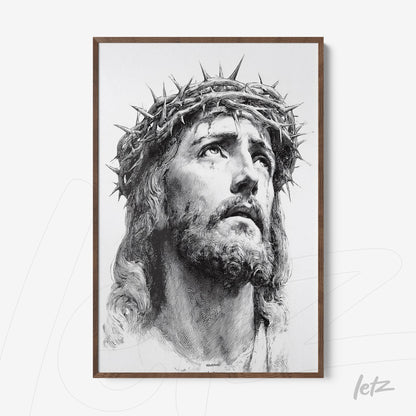 quadro em moldura de madeira com retrato em preto e branco de Jesus Cristo usando a coroa de espinhos
