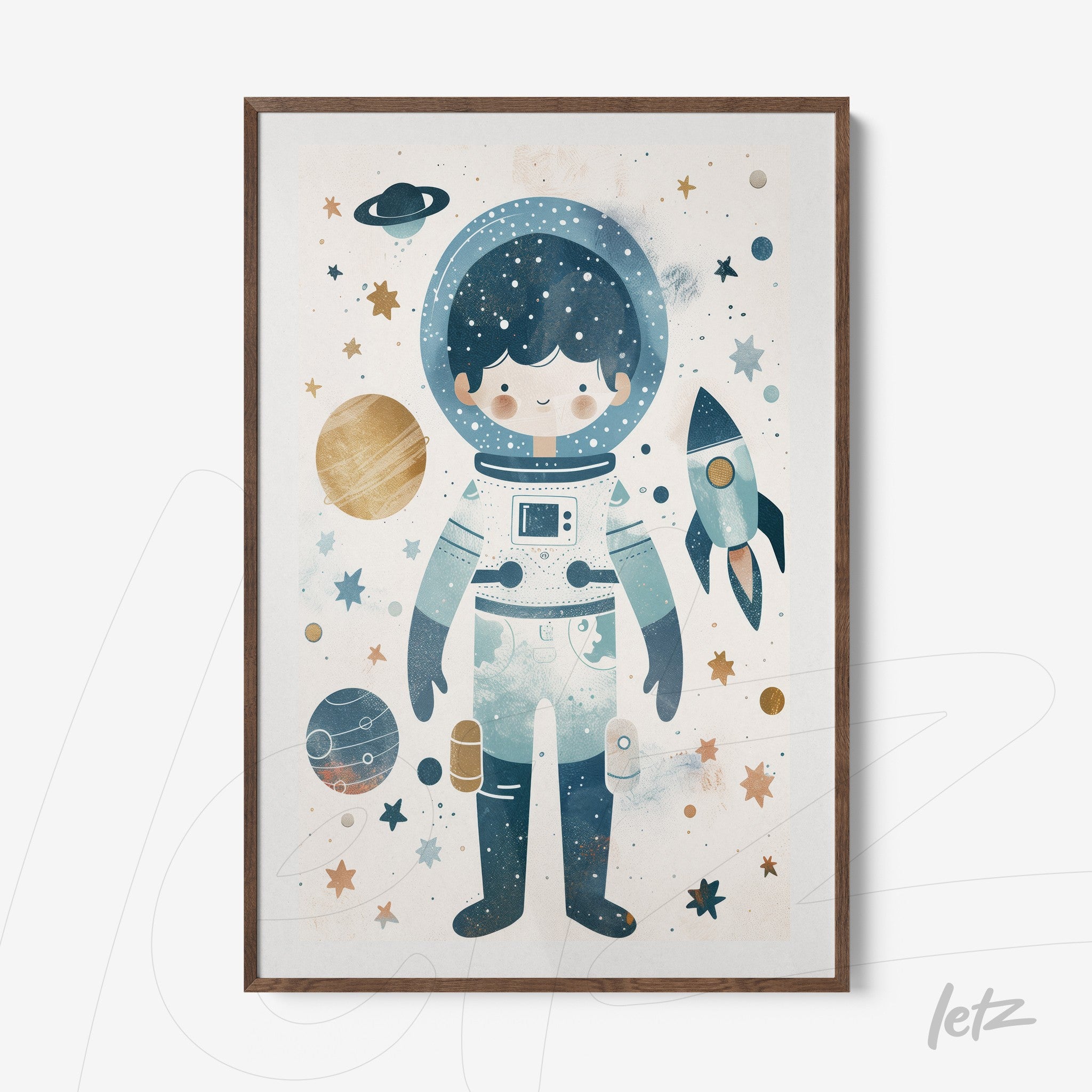 quadro com ilustração de criança astronauta rodeada por planetas e estrelas em moldura de madeira clara