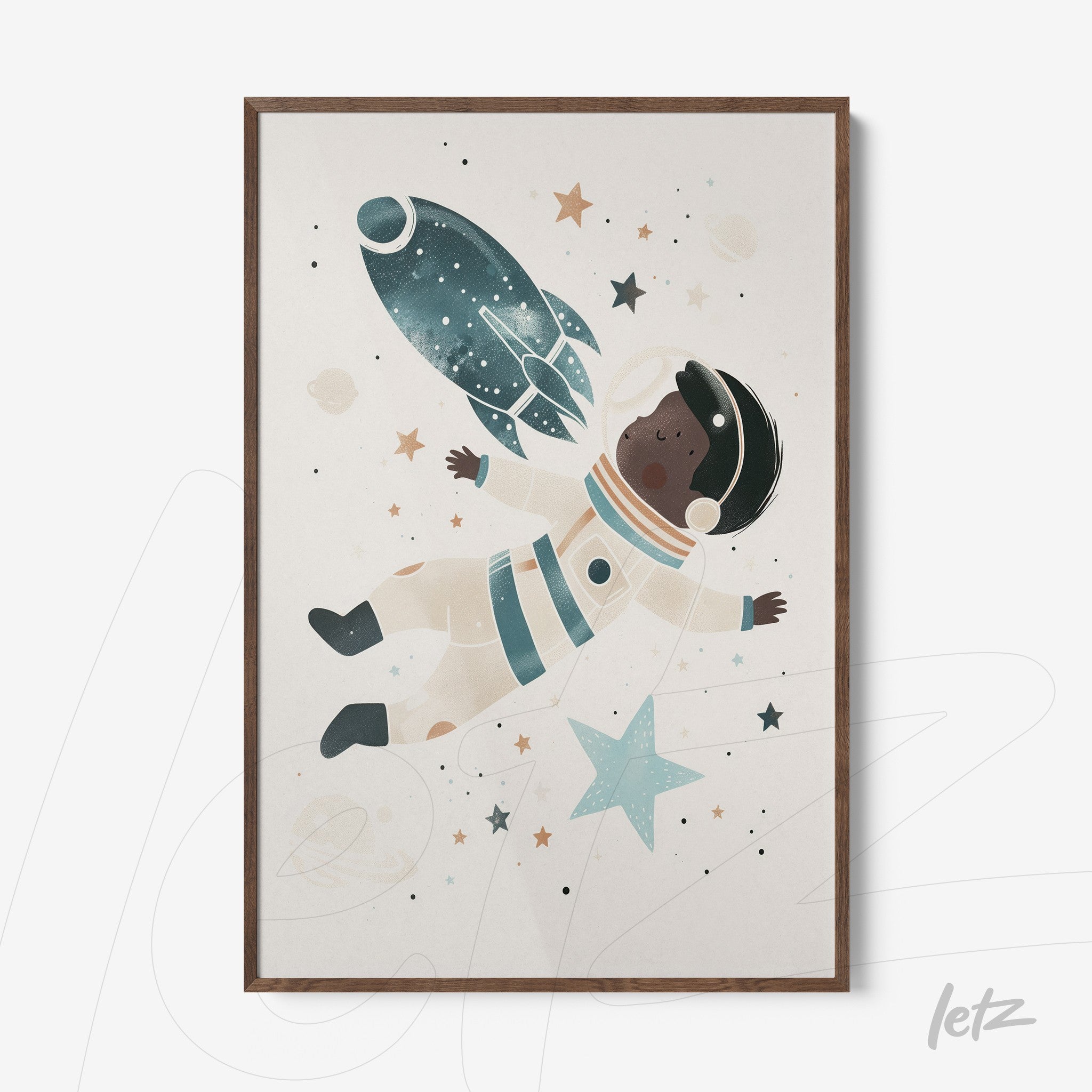 quadro com ilustração infantil de astronauta negro flutuando no espaço com foguete e estrelas, moldura de madeira escura