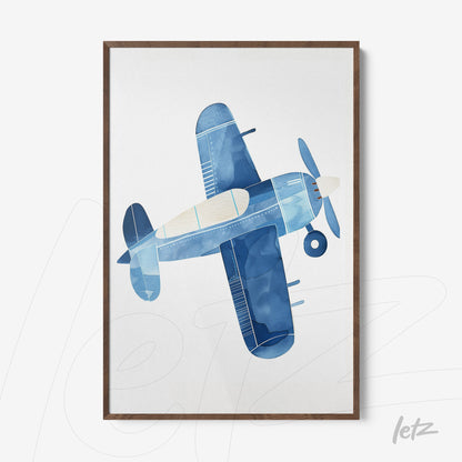 quadro com ilustração de um avião em estilo aquarela azul com moldura de madeira escura