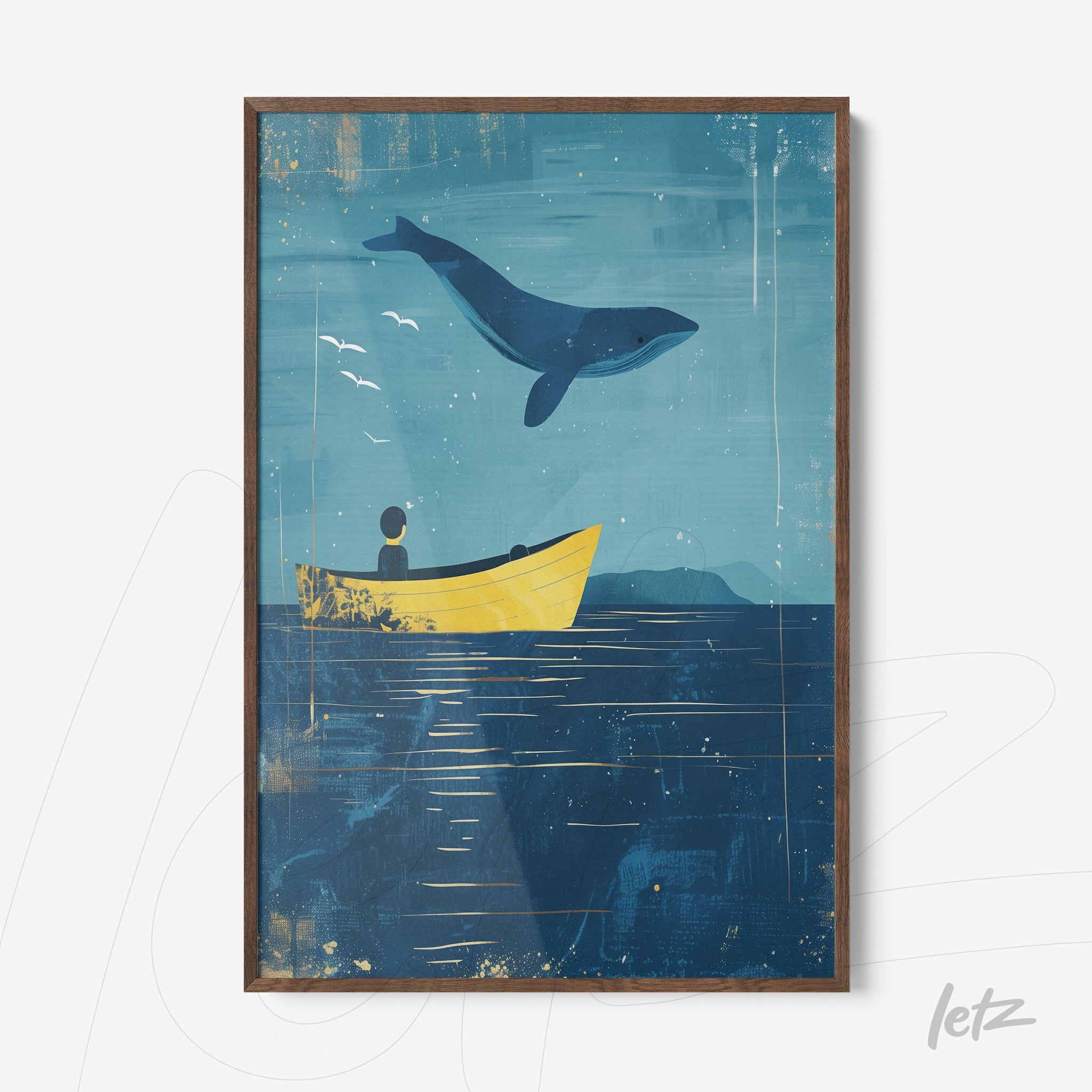 quadro que retrata uma cena marinha com um barco amarelo e uma baleia saltando, moldura de madeira escura