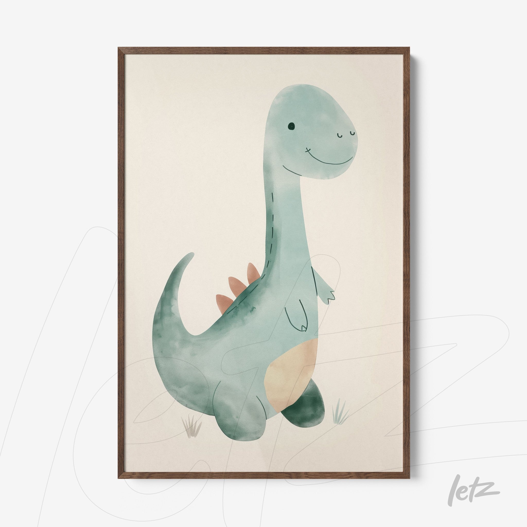 quadro com arte infantil de dinossauro em moldura de madeira escura