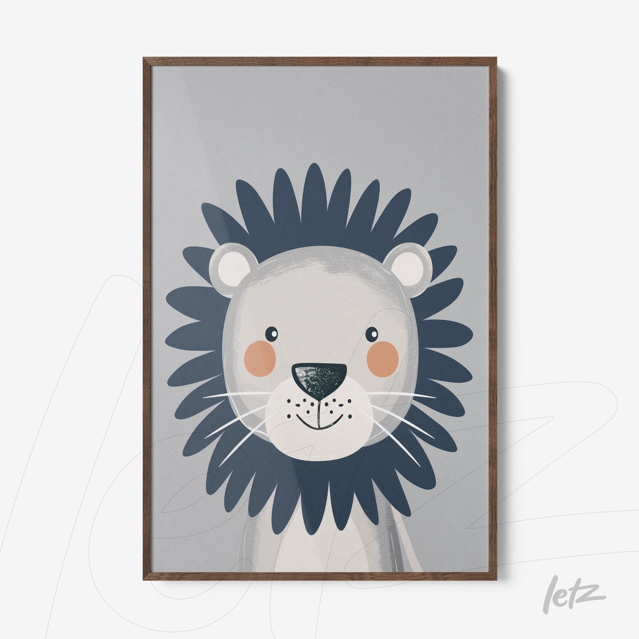quadro com ilustração de um leão simpático em fundo cinza e moldura de madeira escura