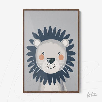 quadro com ilustração de um leão simpático em fundo cinza e moldura de madeira escura