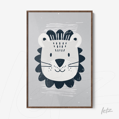 quadro com ilustração divertida de leão estilizado em fundo cinza e moldura de madeira escura