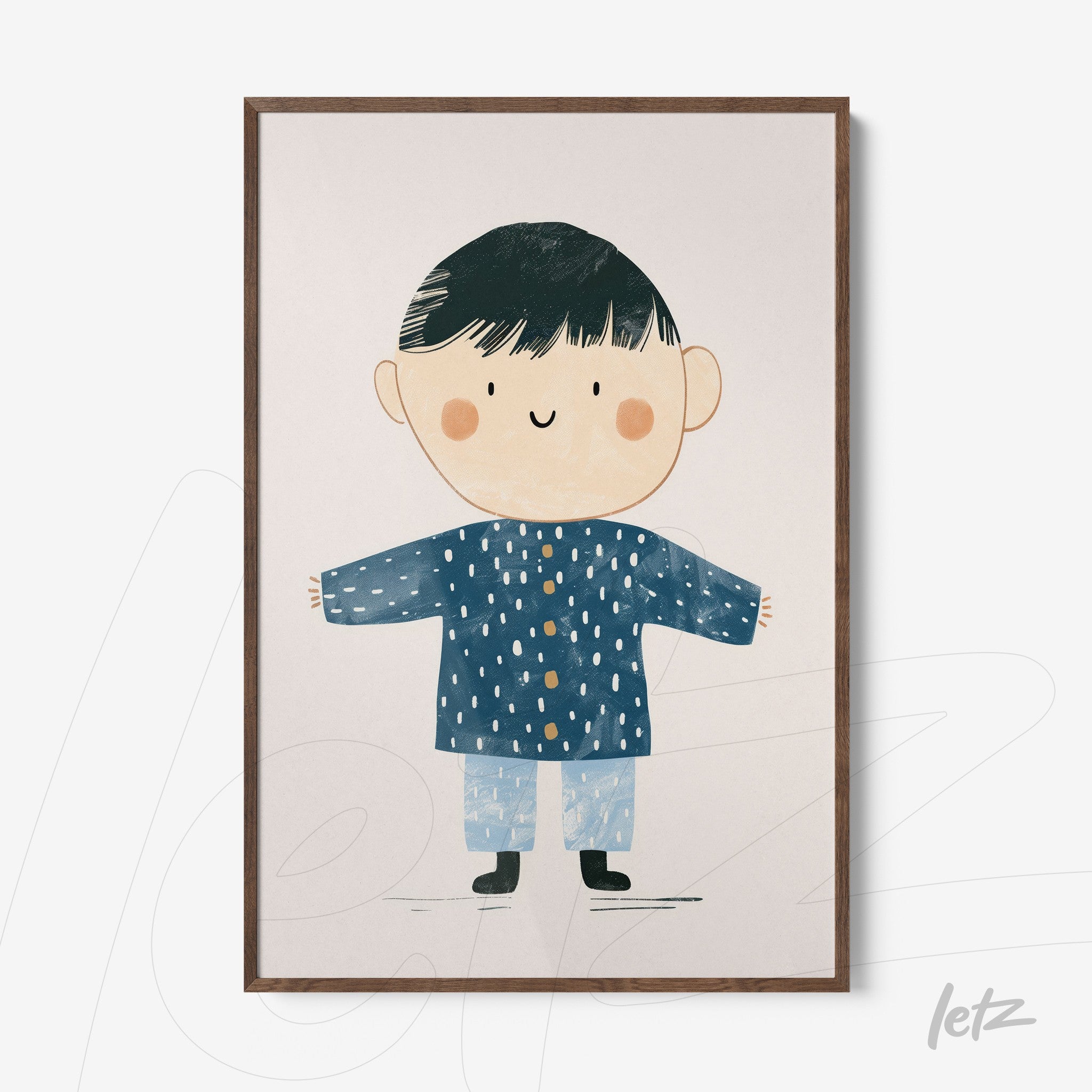 quadro com ilustração infantil de menino sorridente usando casaco azul e calças claras em moldura de madeira escura