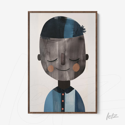 quadro com ilustração minimalista de um menino sorridente com cabelos curtos e camisa azul, em moldura de madeira escura