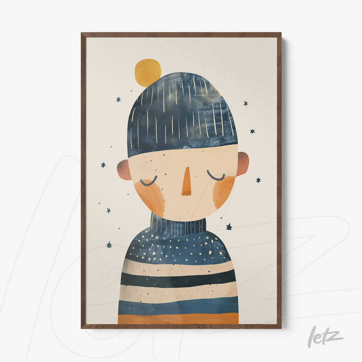 quadro com ilustração minimalista de uma figura com chapéu azul, desenhada em tons de azul, laranja e bege com estrelas ao fundo, em moldura de madeira clara