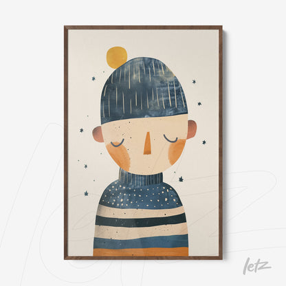 quadro com ilustração minimalista de uma figura com chapéu azul, desenhada em tons de azul, laranja e bege com estrelas ao fundo, em moldura de madeira clara