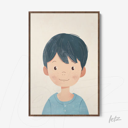 quadro com retrato de menino de cabelo curto e escuro, moldura de madeira clara
