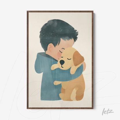 quadro em tela com ilustração de menino abraçando cachorro, em moldura de madeira escura