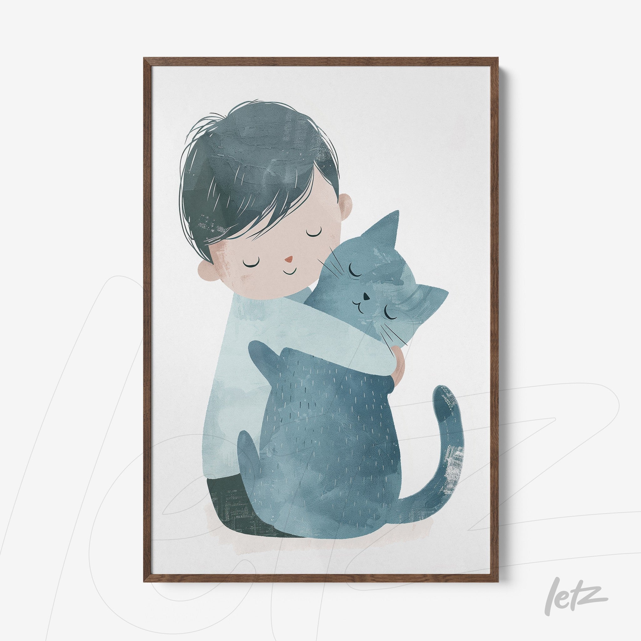quadro com ilustração de menino abraçando gato azul, moldura em madeira clara
