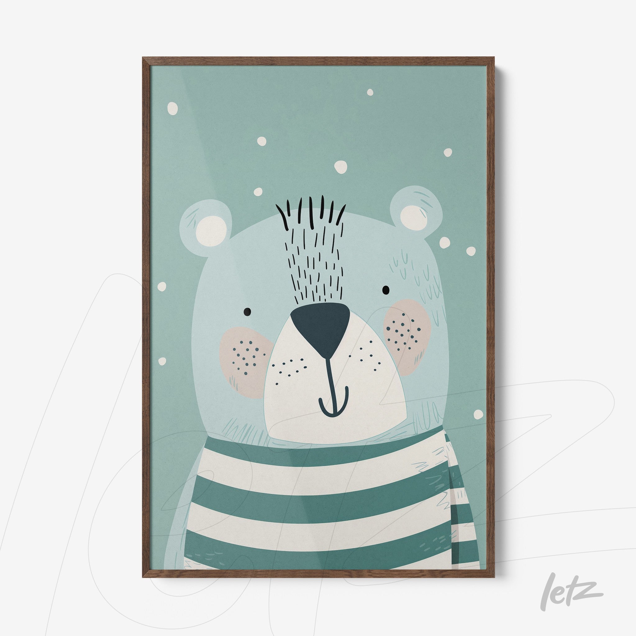 quadro com ilustração de urso fofo em fundo azul com flocos de neve e moldura de madeira escura