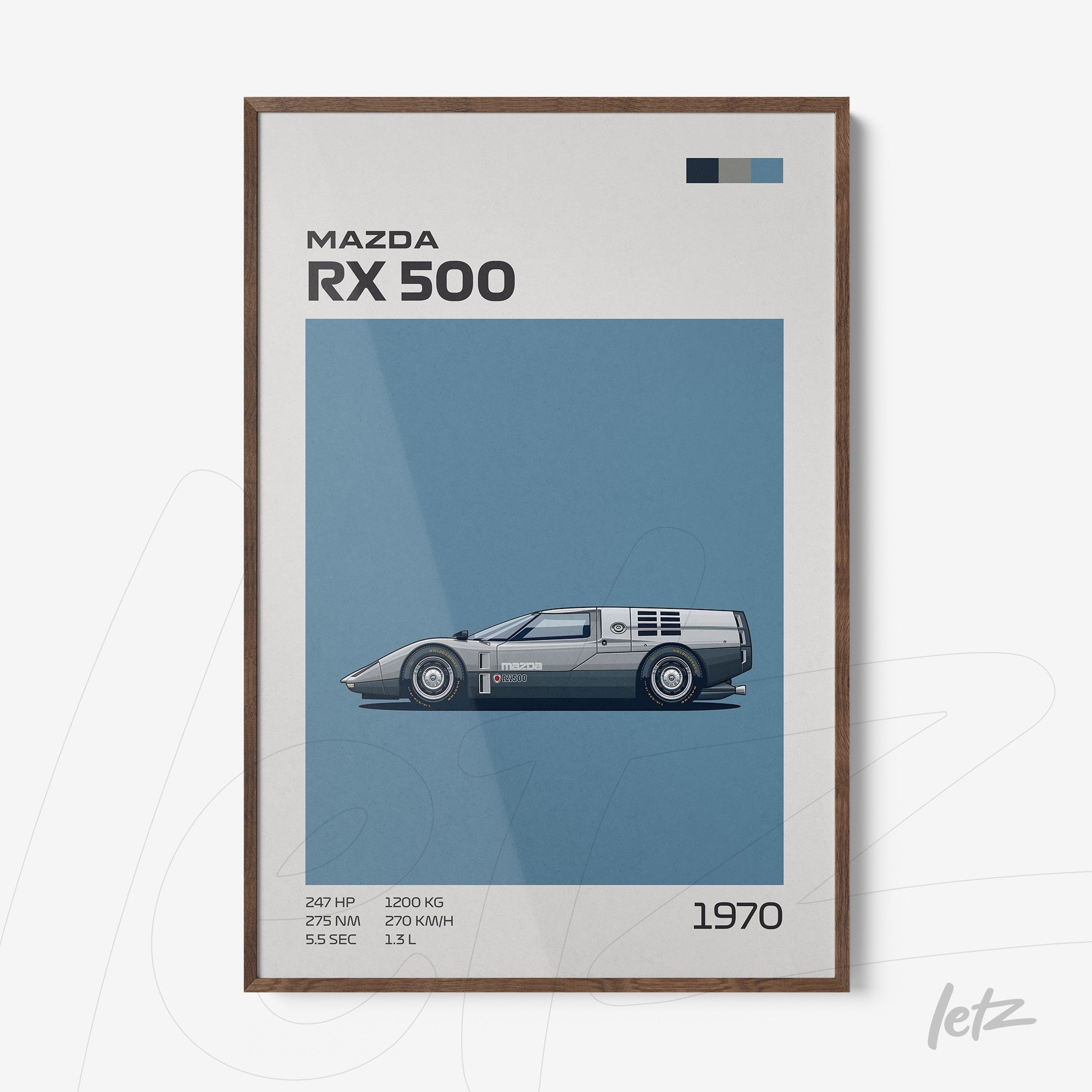 quadro com ilustração do carro Mazda RX 500 em moldura de madeira escura com fundo azul