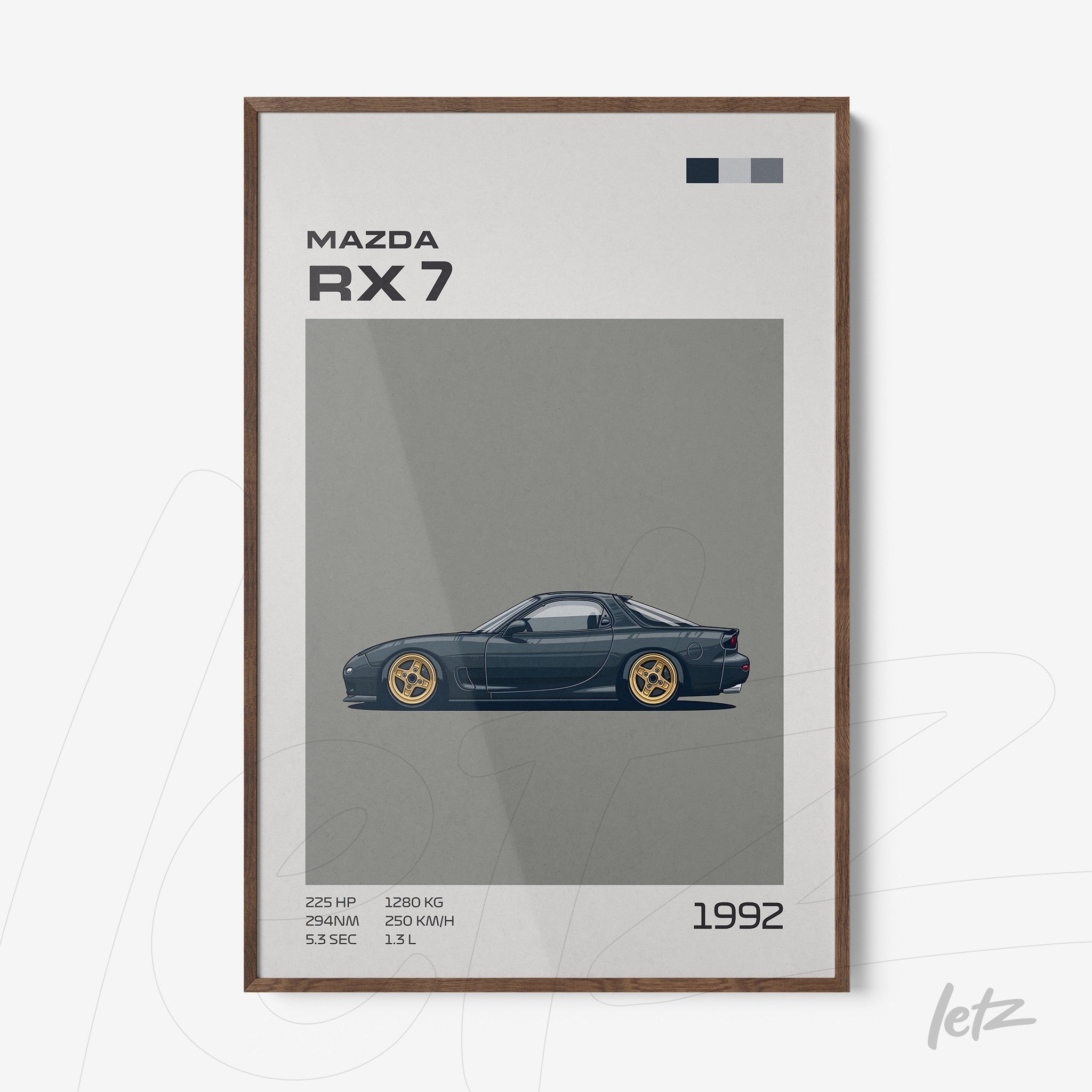 quadro com ilustração do carro Mazda RX 7 de 1992, em moldura de madeira escura, com fundo cinza e detalhes gráficos ao lado