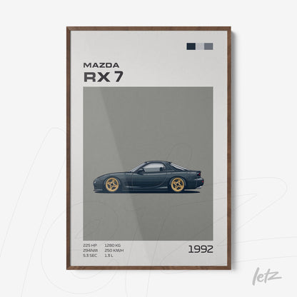quadro com ilustração do carro Mazda RX 7 de 1992, em moldura de madeira escura, com fundo cinza e detalhes gráficos ao lado