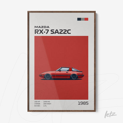 quadro com arte minimalista do carro Mazda RX-7 SA22C sobre fundo vermelho em moldura de madeira escura