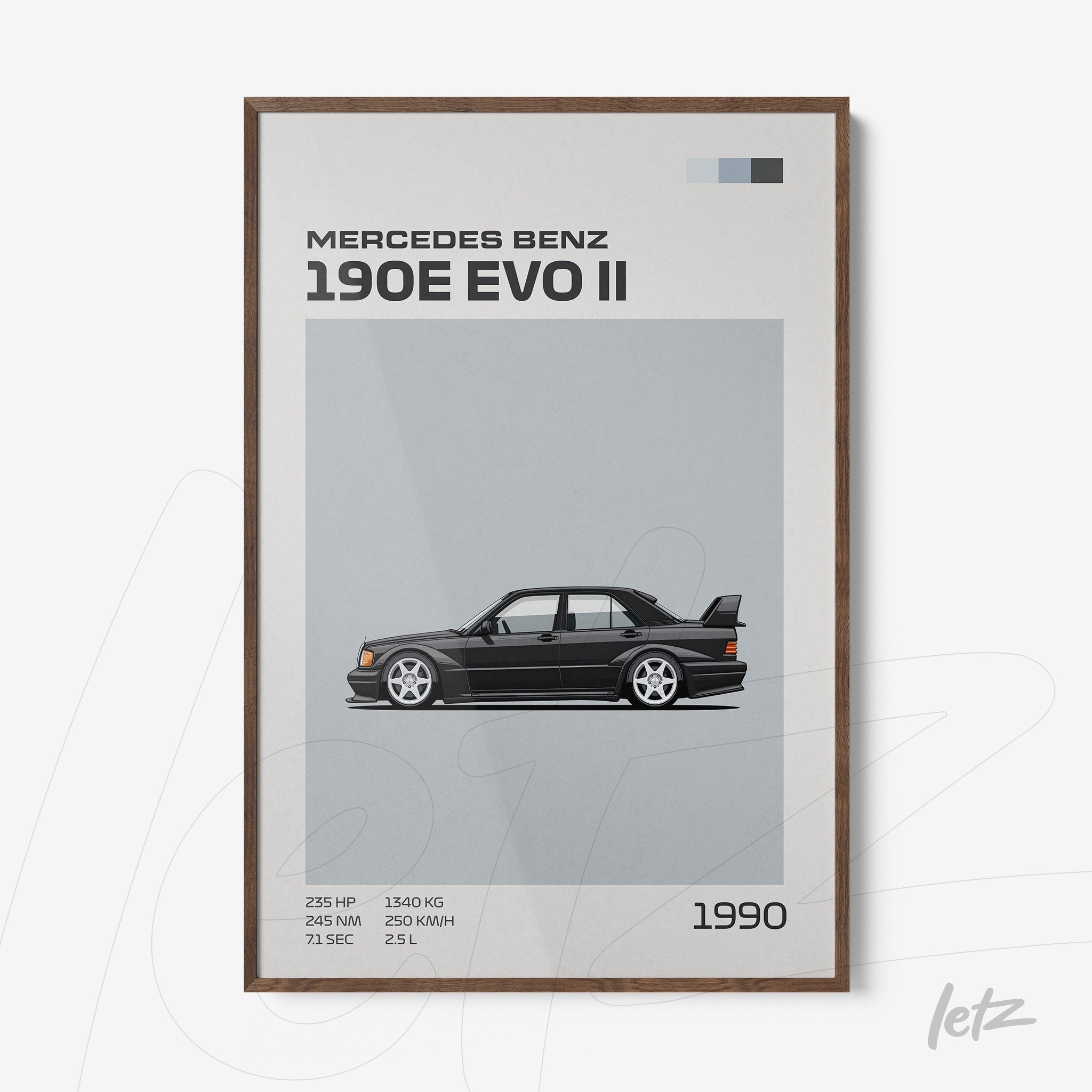quadro com arte gráfica do carro Mercedes Benz 190E EVO II em moldura marrom clara