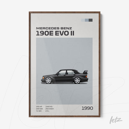 quadro com arte gráfica do carro Mercedes Benz 190E EVO II em moldura marrom clara