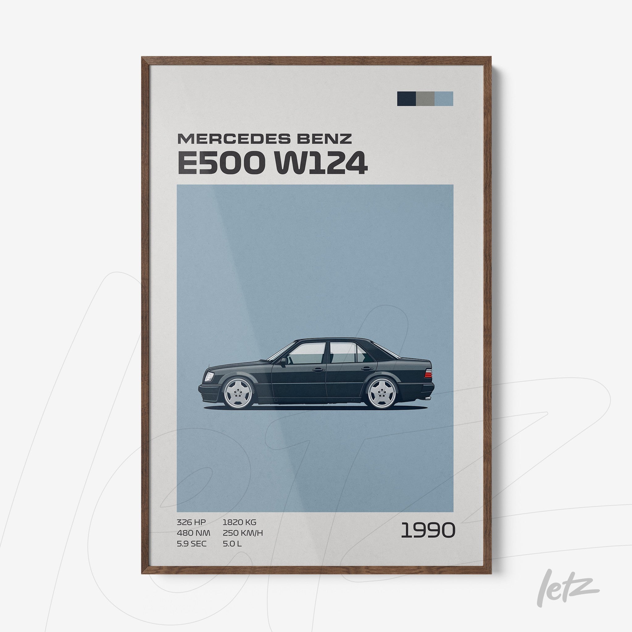 quadro estilo minimalista retratando o Mercedes Benz E500 W124 em fundo azul claro com moldura em madeira escura