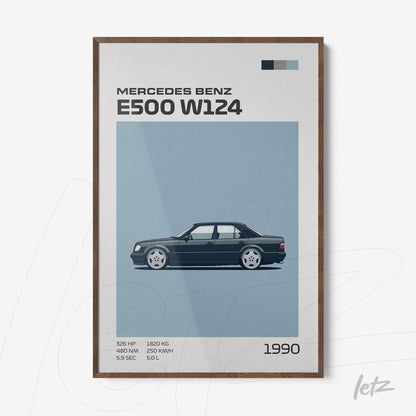 quadro estilo minimalista retratando o Mercedes Benz E500 W124 em fundo azul claro com moldura em madeira escura