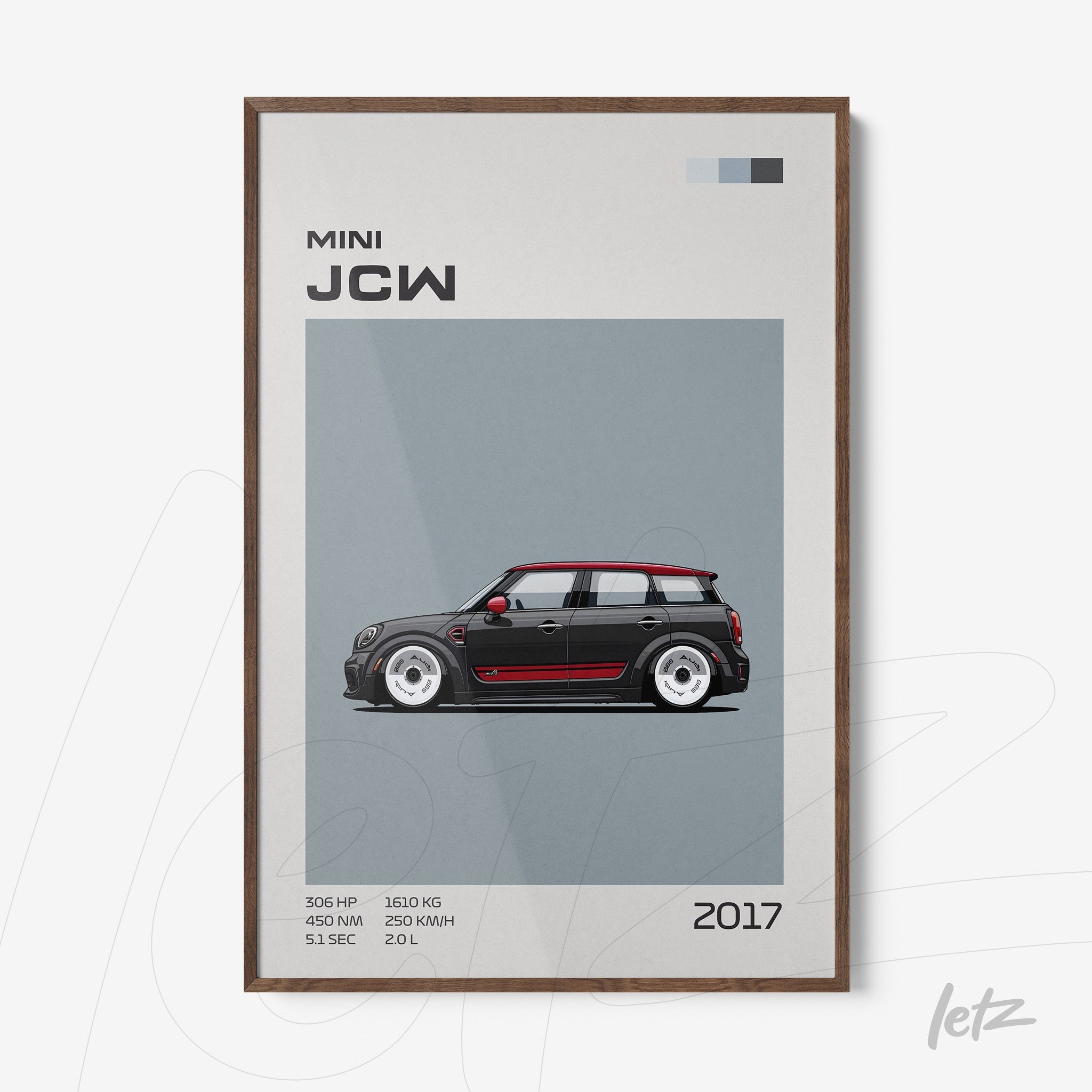 quadro com arte digital do carro Mini JCW 2017 em fundo cinza, com detalhes em preto e vermelho e moldura de madeira escura