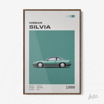 quadro com arte minimalista do carro Nissan Silvia de 1988 em moldura de madeira escura
