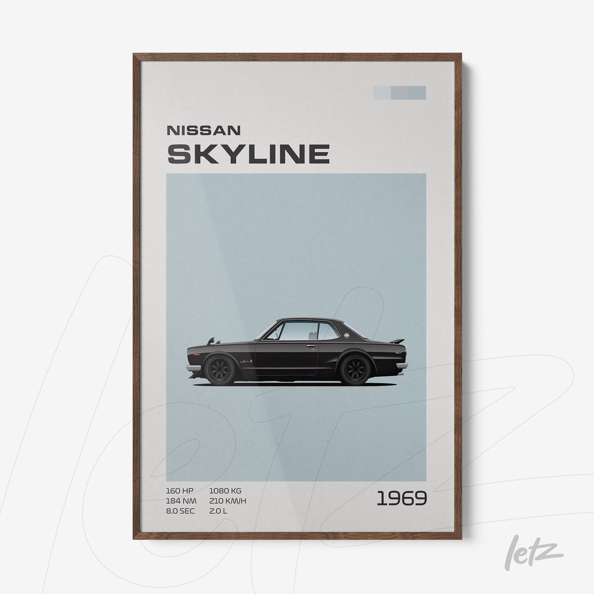 quadro com arte digital do carro Nissan Skyline de 1969 em moldura de madeira escura
