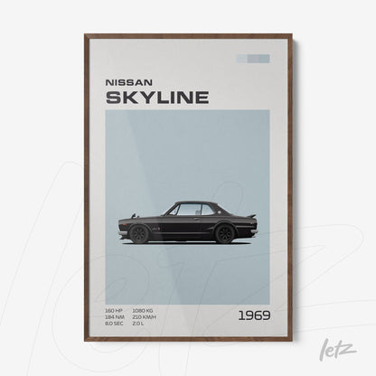 quadro com arte digital do carro Nissan Skyline de 1969 em moldura de madeira escura
