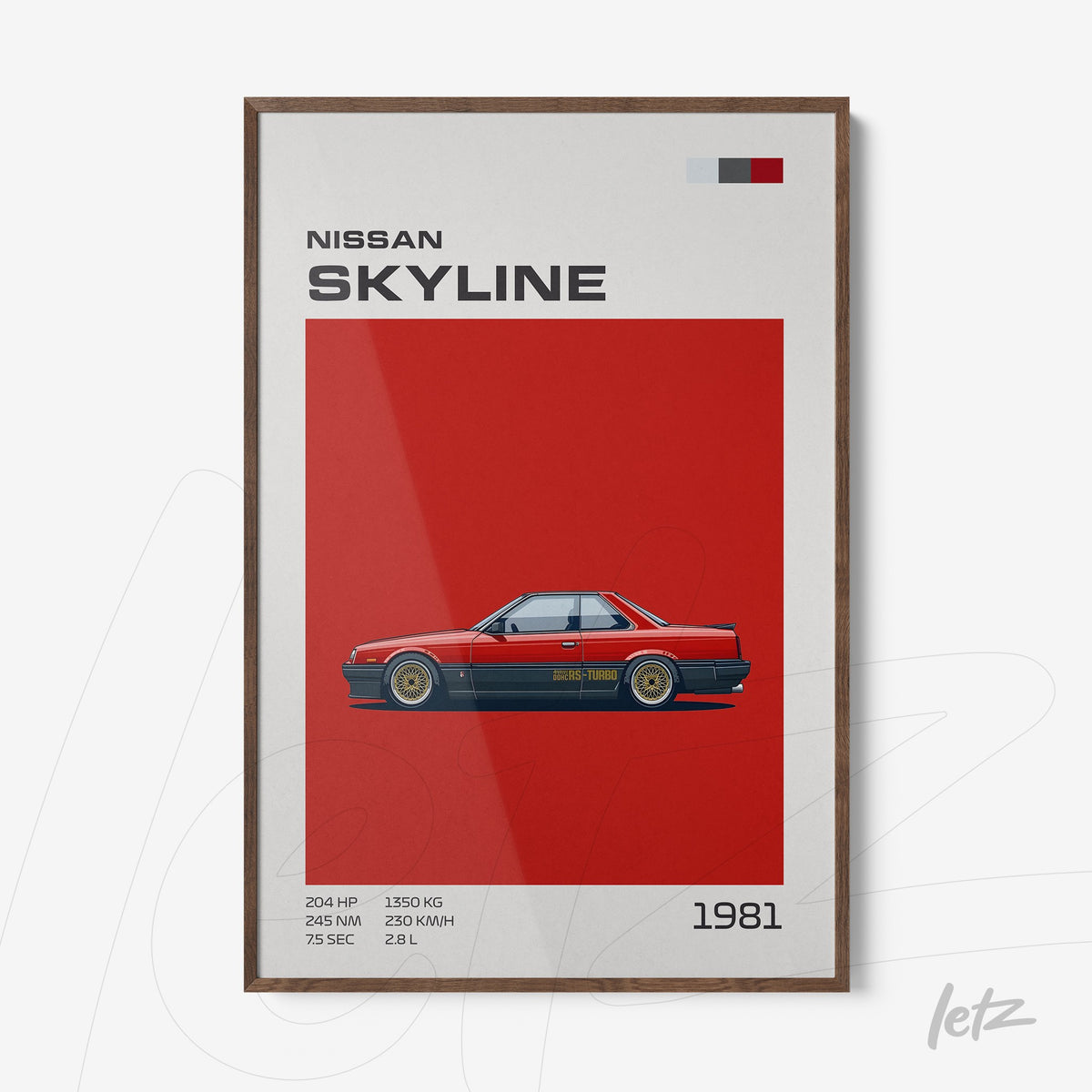 quadro com ilustração do carro Nissan Skyline de 1981 em fundo vermelho e moldura de madeira escura
