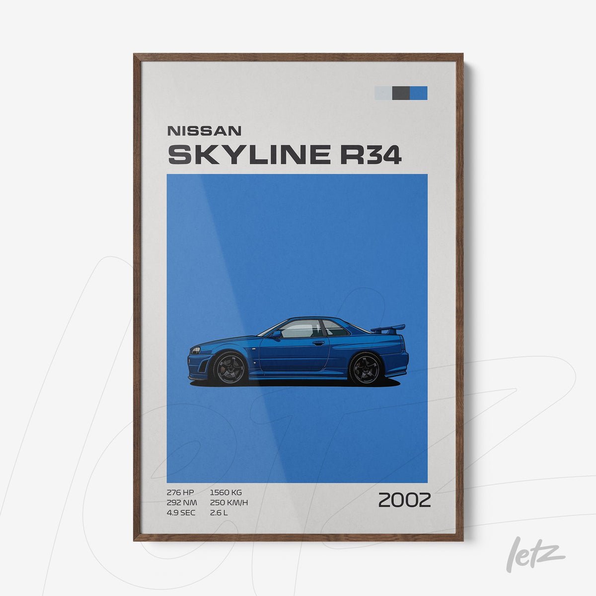 quadro decorativo com ilustração do carro Nissan Skyline R34 em fundo azul e moldura de madeira escura