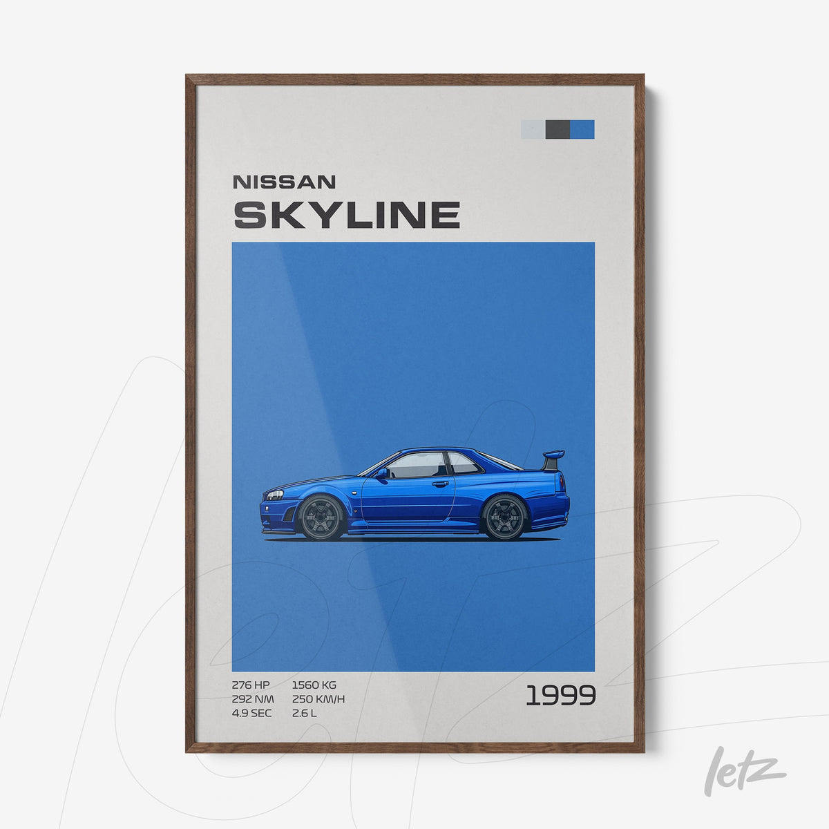 quadro com arte digital do carro Nissan Skyline de 1999 em fundo azul e moldura marrom