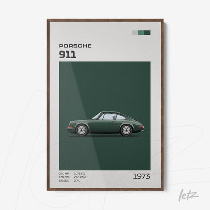 quadro decorativo com ilustração minimalista de um Porsche 911 verde em fundo escuro, moldura de madeira clara com vidro