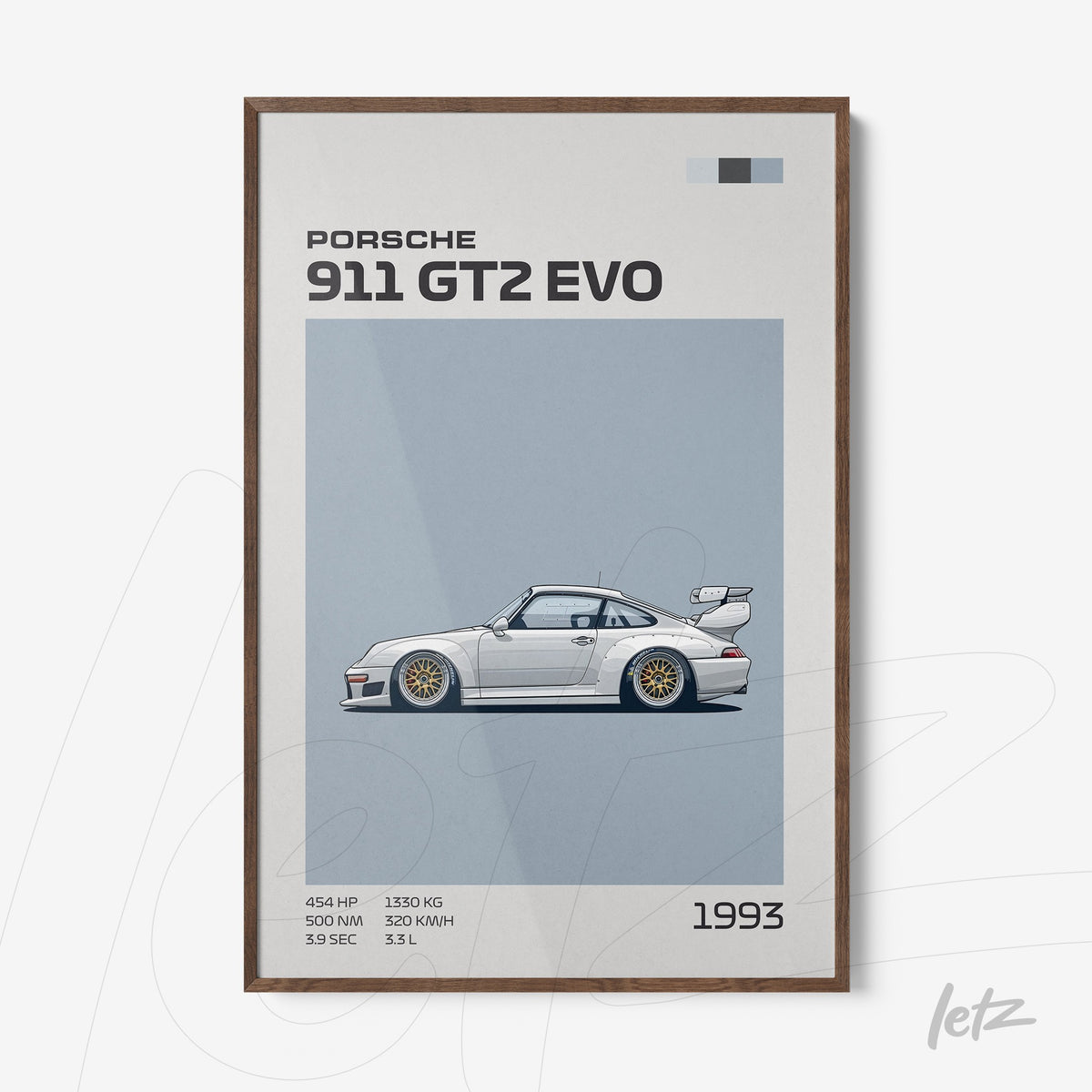 quadro com arte gráfica do carro Porsche 911 GT2 EVO de 1993 em moldura de madeira escura
