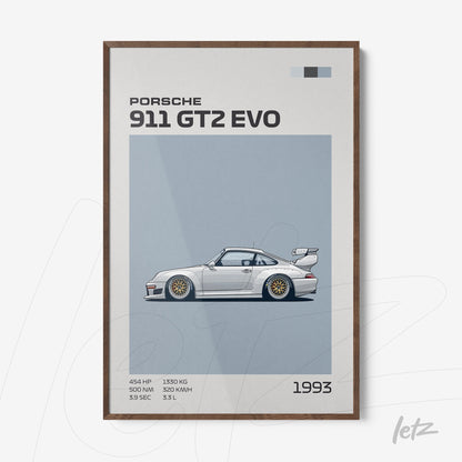 quadro com arte gráfica do carro Porsche 911 GT2 EVO de 1993 em moldura de madeira escura