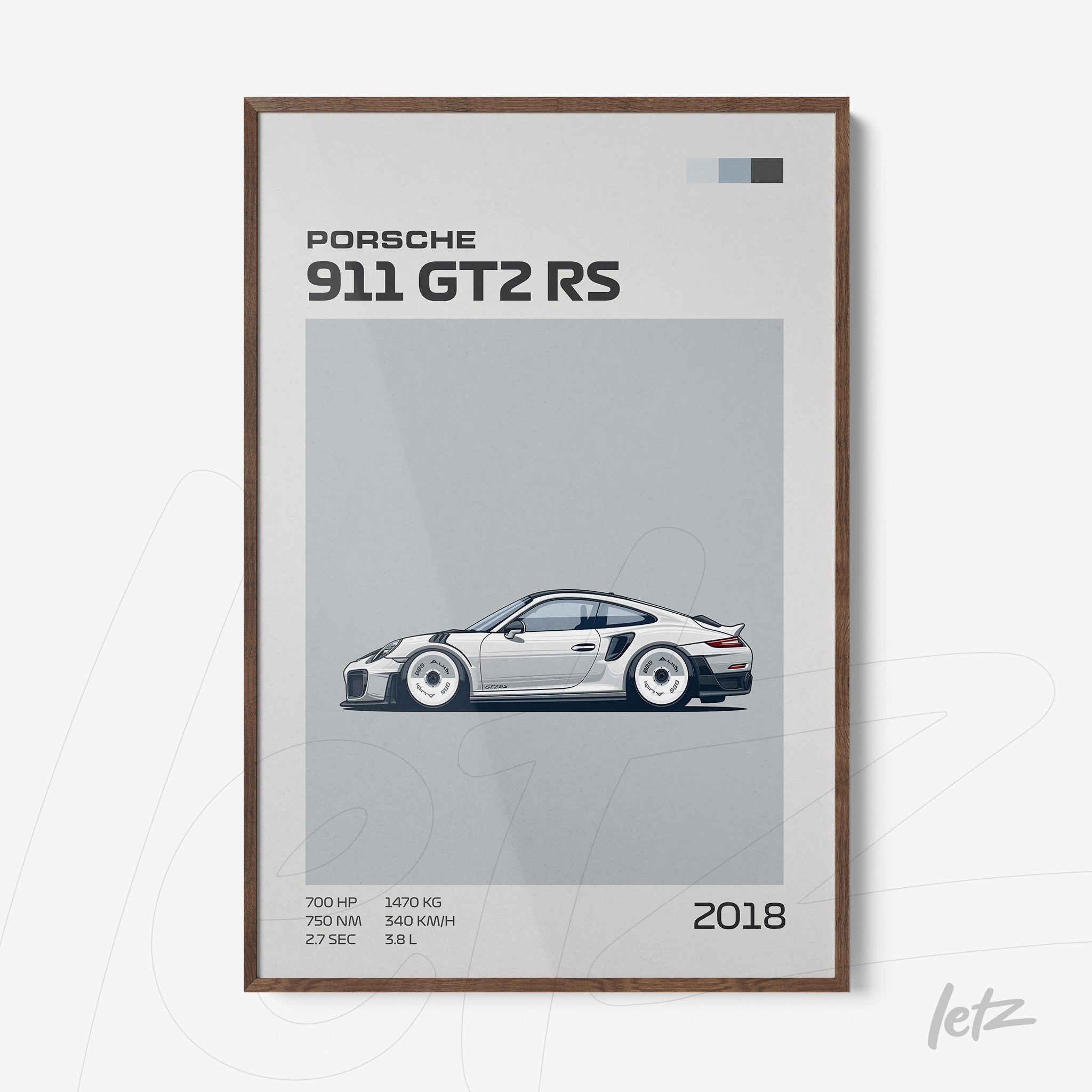 quadro com arte minimalista do carro Porsche 911 GT2 RS em moldura de madeira escura