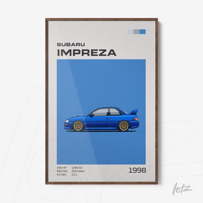 quadro com arte digital do carro Subaru Impreza 1998 em moldura de madeira escura