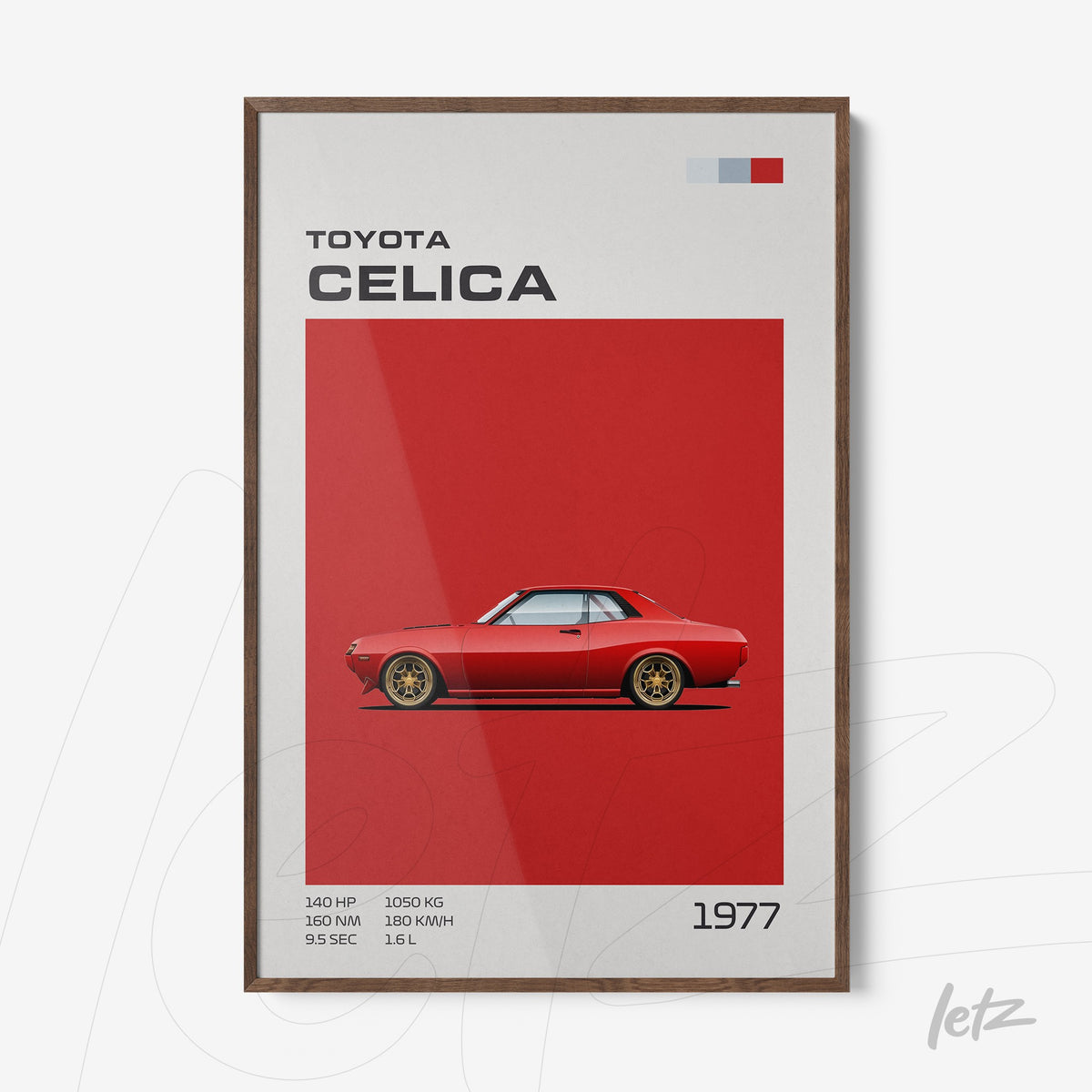 quadro com arte digital do carro Toyota Celica 1977 em moldura de madeira escura
