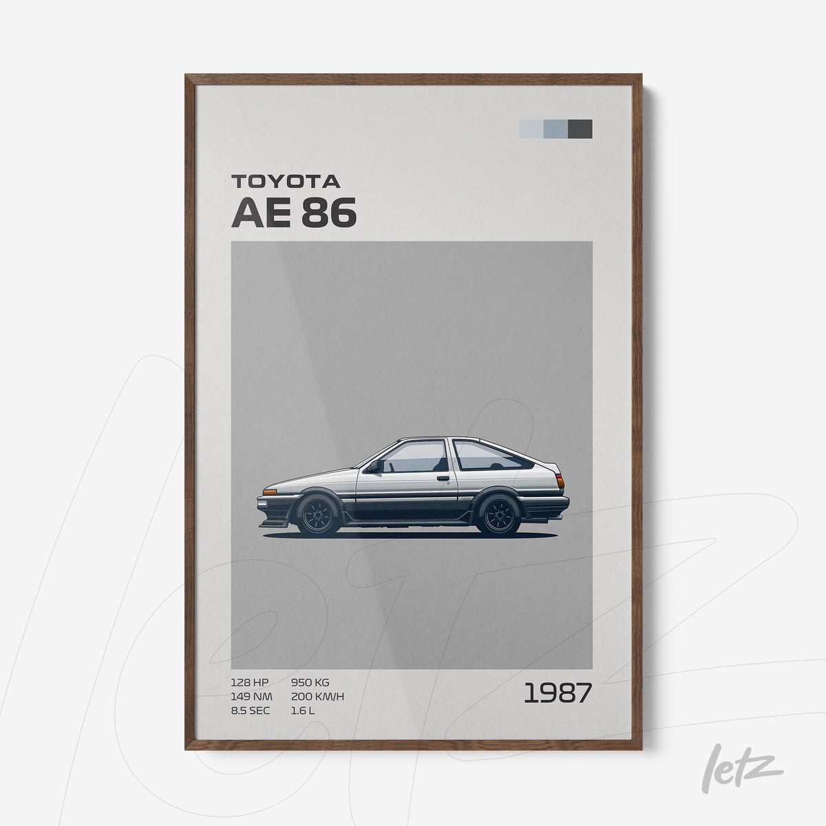 quadro com arte minimalista do carro Toyota AE 86 em moldura de madeira escura