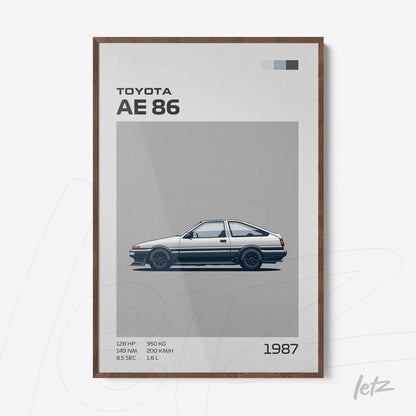 quadro com arte minimalista do carro Toyota AE 86 em moldura de madeira escura