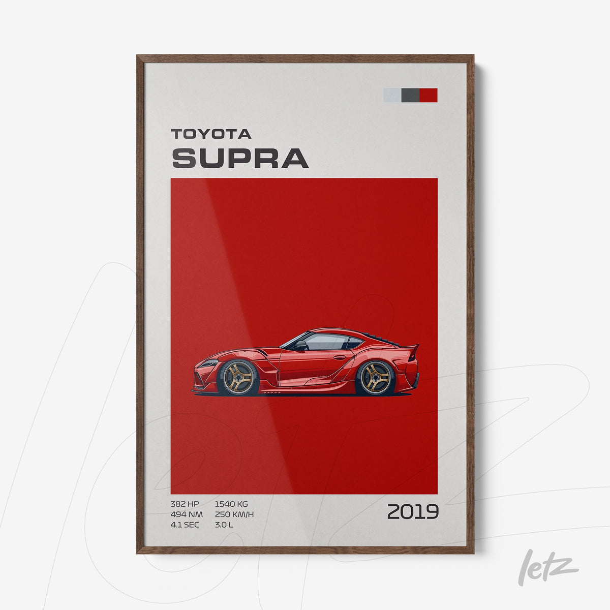 quadro com ilustração do carro esportivo Toyota Supra 2019 em fundo vermelho vibrante e moldura de madeira escura