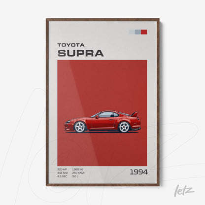 quadro com arte digital do carro Toyota Supra 1994 em moldura de madeira escura sobre fundo vermelho