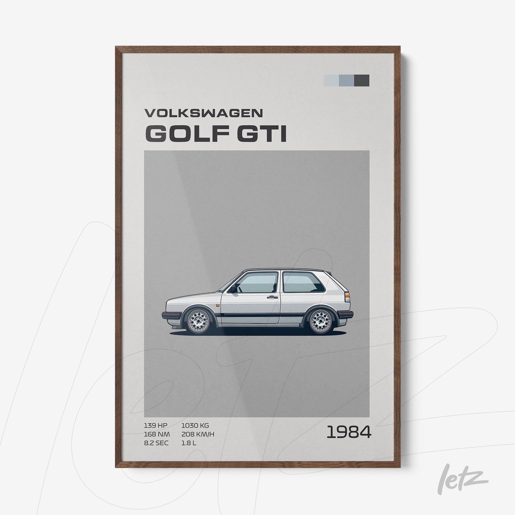 quadro com ilustração do Volkswagen Golf GTI de 1984 em moldura de madeira escura