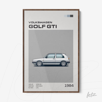 quadro com ilustração do Volkswagen Golf GTI de 1984 em moldura de madeira escura