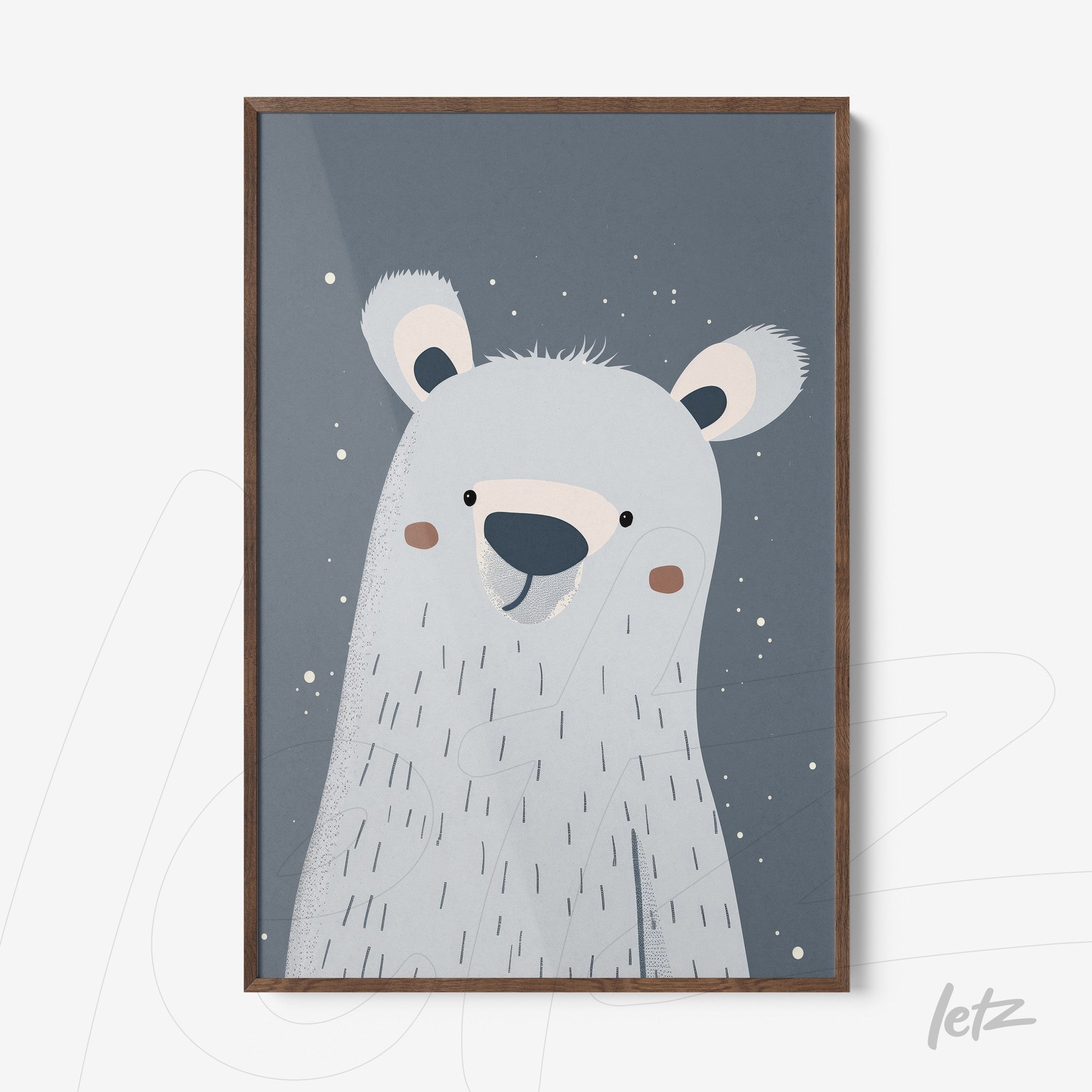 quadro de urso polar estilizado com fundo azul e moldura de madeira
